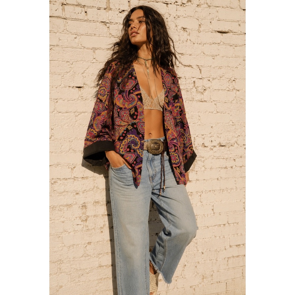 Vintage Paisley Kimono Jacket Oversized Boho Chic Layering Open Front OS